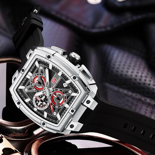 MF MINI FOCUS Men's Watch Analog Fashion Wrist Watch, Skeleton Tonneau Watch for Men with Chronograph,Ideal for Sports Enthusiasts and Daily Wear (Silver) - Image 2