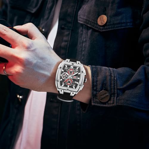 MF MINI FOCUS Men's Watch Analog Fashion Wrist Watch, Skeleton Tonneau Watch for Men with Chronograph,Ideal for Sports Enthusiasts and Daily Wear (Silver) - Image 3
