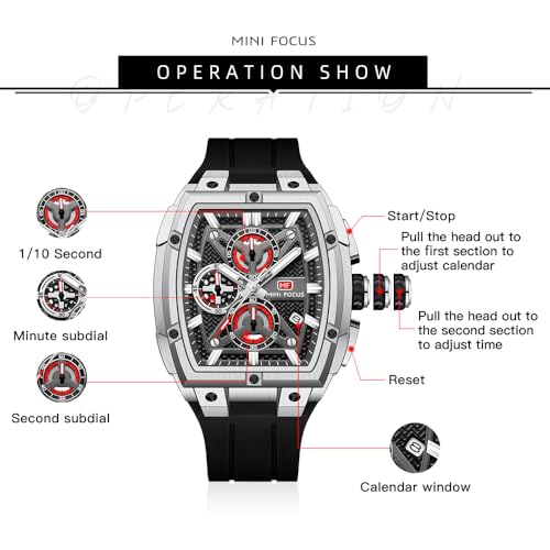 MF MINI FOCUS Men's Watch Analog Fashion Wrist Watch, Skeleton Tonneau Watch for Men with Chronograph,Ideal for Sports Enthusiasts and Daily Wear (Silver) - Image 5