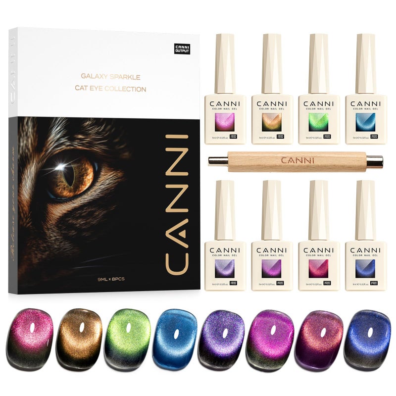 CANNI 8 Pcs 9 ML Cat Eye Gel Nail Polish Set Red Purple Pink Blue Green Glitter Rainbow Holographic Cat Eye Gel Polish Kit with Magnet Colors Nail Art Manicure Salon DIY Gifts - Image 2