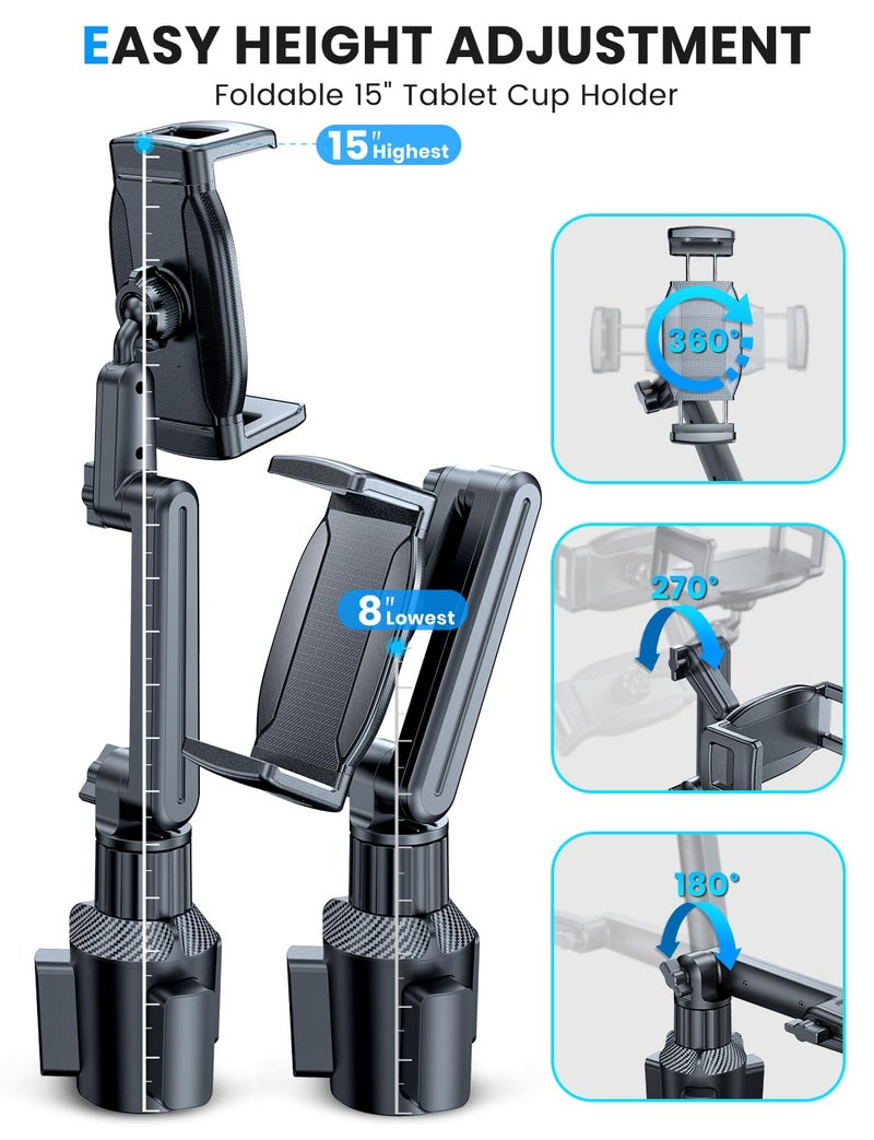 eSamcore Tablet Holder for Car, for iPad Cup Holder Car Mount with 1.57" Depth Large Clamp 15" Height Adjustable Tab Mount Holder for 6"-12.9" Cell Phone iPhone iPad Stand Travel Accessories - Image 4
