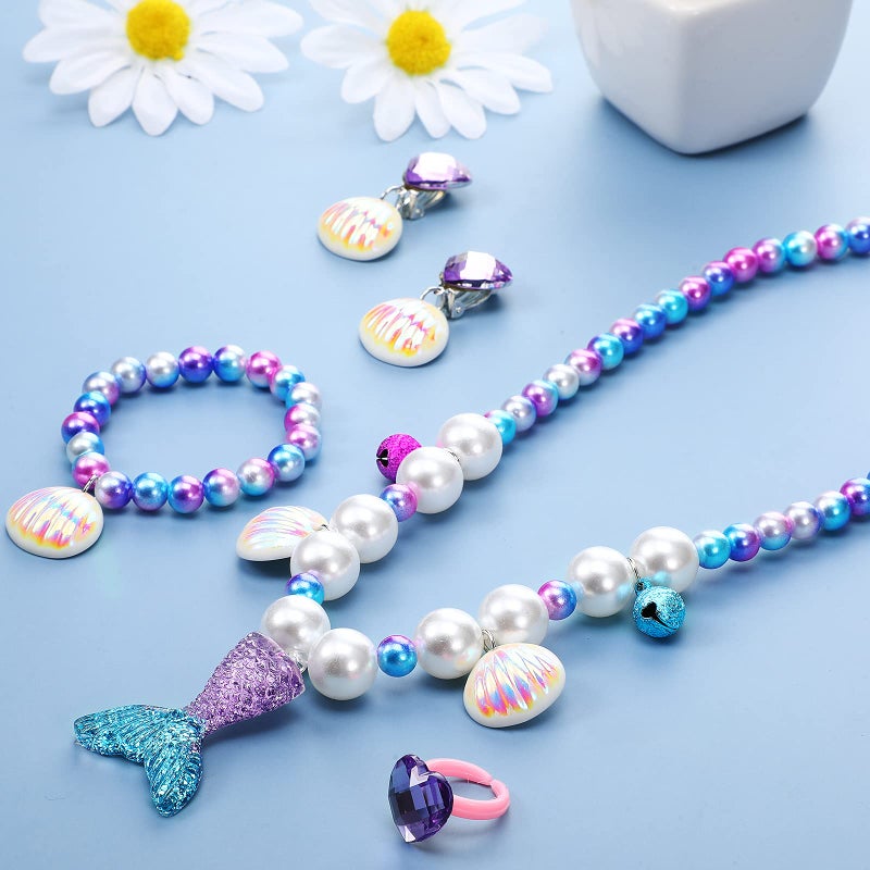 Jadive Mermaid Jewelry Set for Girls, 4 Pcs Mermaid Necklace Bracelet Ring Earrings for Kids Little Girls Christmas Halloween Dress up Pretend Play Supplies Birthday Gifts(Cute Style,Purple) - Image 3
