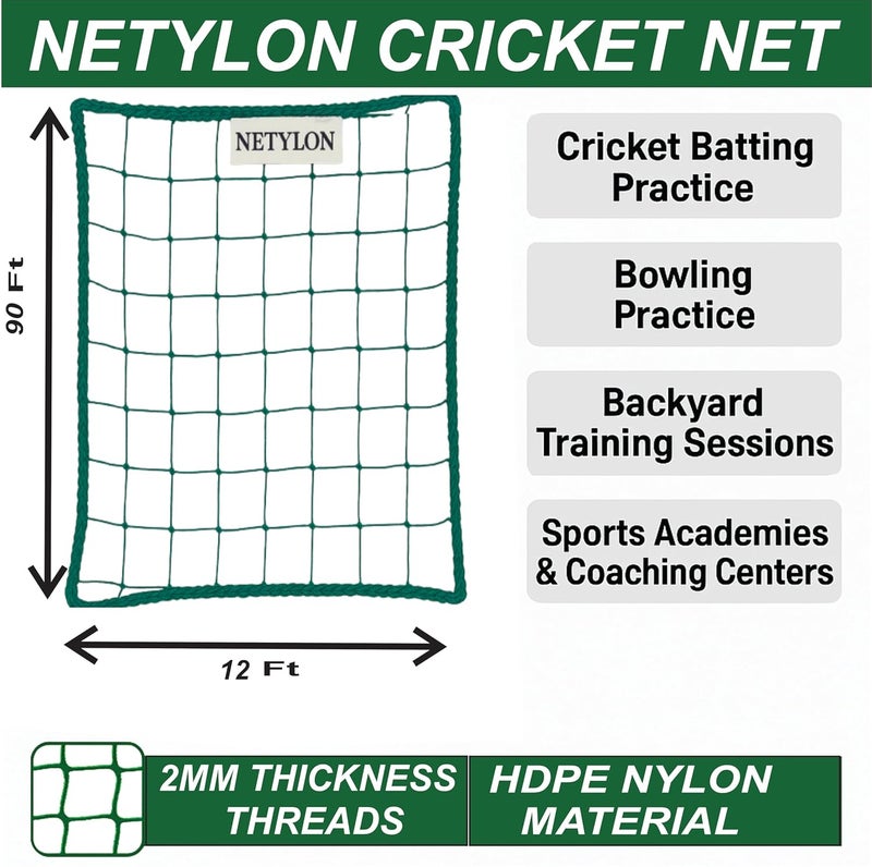 NETYLON Cricket Practice Net (2mm Thickness) Havey Duty Nylon for Batting Net Backyard & Professional Use – UV Resistant & Weatherproof (12 Ft x 90 Ft) - Image 5