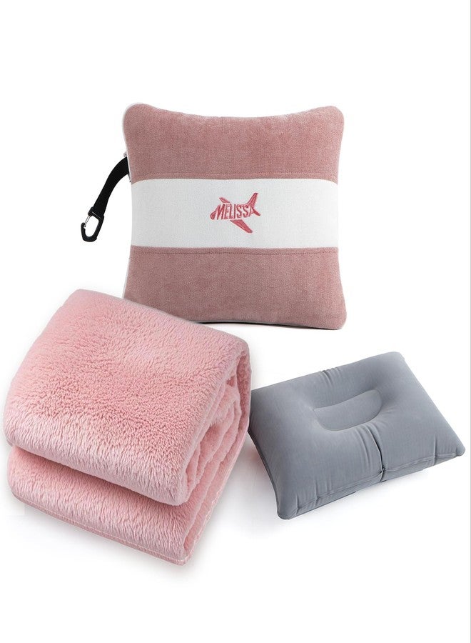 Melissa Large Travel Blanket and Inflatable Pillow Set - 69“ x 43.3” - Soft Blanket with Carry Bag - Lightweight, Compact & Washable for Backpacking, Hiking, Airplane, Car, Office, Camping (Pink) - Image 1