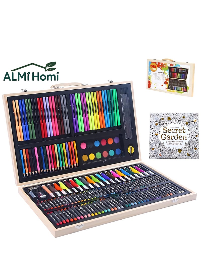 ALMiHomi 180PCS Deluxe Art Set with Secret Garden Coloring Book – Complete Drawing & Painting Kit with Wooden Case, Oil Pastels, Crayons, Markers, Colored Pencils – Safe Art Supplies for Kids & Adults - Image 1