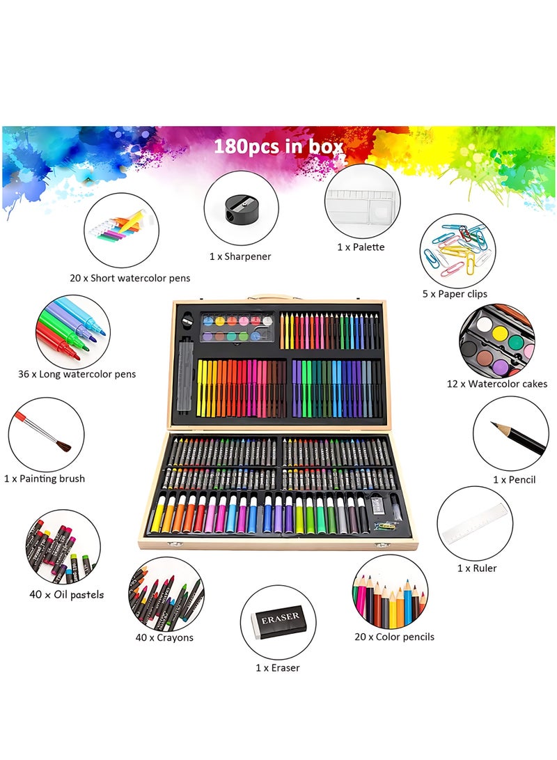 ALMiHomi 180PCS Deluxe Art Set with Secret Garden Coloring Book – Complete Drawing & Painting Kit with Wooden Case, Oil Pastels, Crayons, Markers, Colored Pencils – Safe Art Supplies for Kids & Adults - Image 2