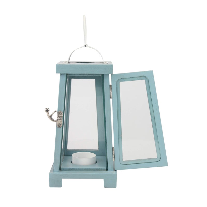 Stonebriar Coastal Worn Blue Wooden Tea Light Candle Lantern with Handle - Image 4
