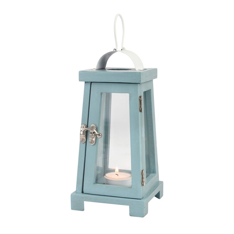 Stonebriar Coastal Worn Blue Wooden Tea Light Candle Lantern with Handle - Image 3