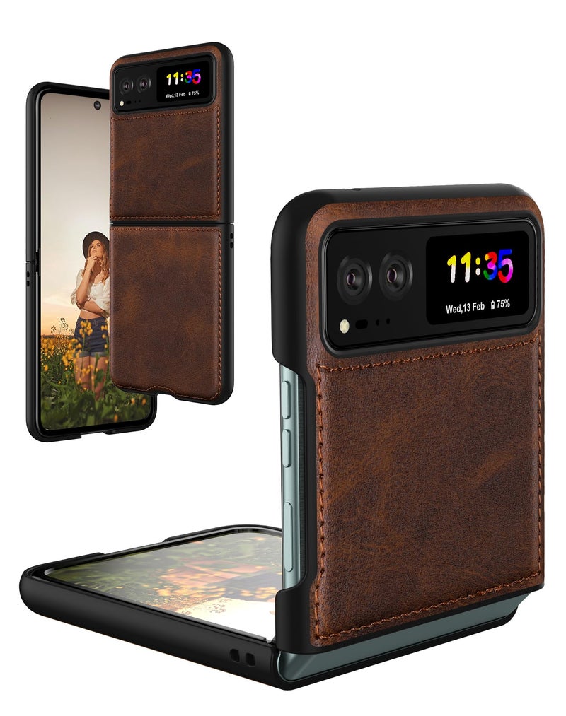 Foluu for Motorola Razr 2023 Case [Not fit Razr Plus 2023], Moto Razr 2023 Leather Case, PU Leather + Hard PC Shell Ultra Thin Slim Durable Protective Phone Case Cover for Motorola Razr 2023 Brown - Image 1