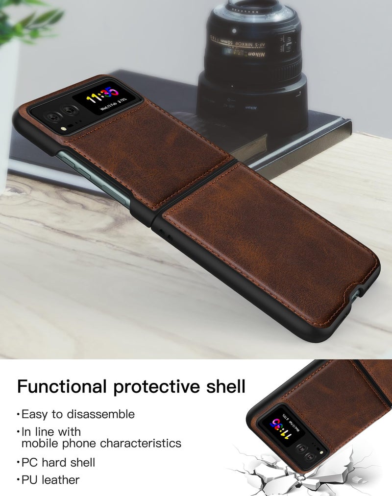 Foluu for Motorola Razr 2023 Case [Not fit Razr Plus 2023], Moto Razr 2023 Leather Case, PU Leather + Hard PC Shell Ultra Thin Slim Durable Protective Phone Case Cover for Motorola Razr 2023 Brown - Image 3