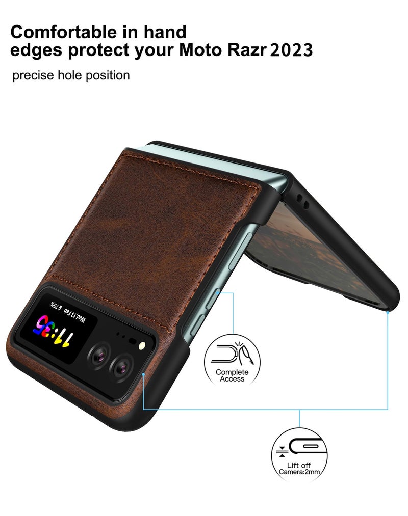 Foluu for Motorola Razr 2023 Case [Not fit Razr Plus 2023], Moto Razr 2023 Leather Case, PU Leather + Hard PC Shell Ultra Thin Slim Durable Protective Phone Case Cover for Motorola Razr 2023 Brown - Image 2