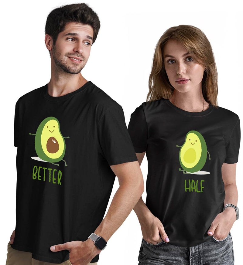 INDISSH Couple Matching T-Shirt Combo | Round Neck 100% Cotton Tshirt for Men and Women - CPL_RNM-BTR-BLK-XS_WRN-Half-BLK-M - Image 1