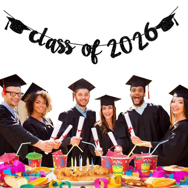 TrlaFy Class of 2026 Graduation Banners Party Decorations, Black Glitter Graduation Banners Garland for Congratulation Graduations Party Supplies, School, Home, Car Decorations - Image 2
