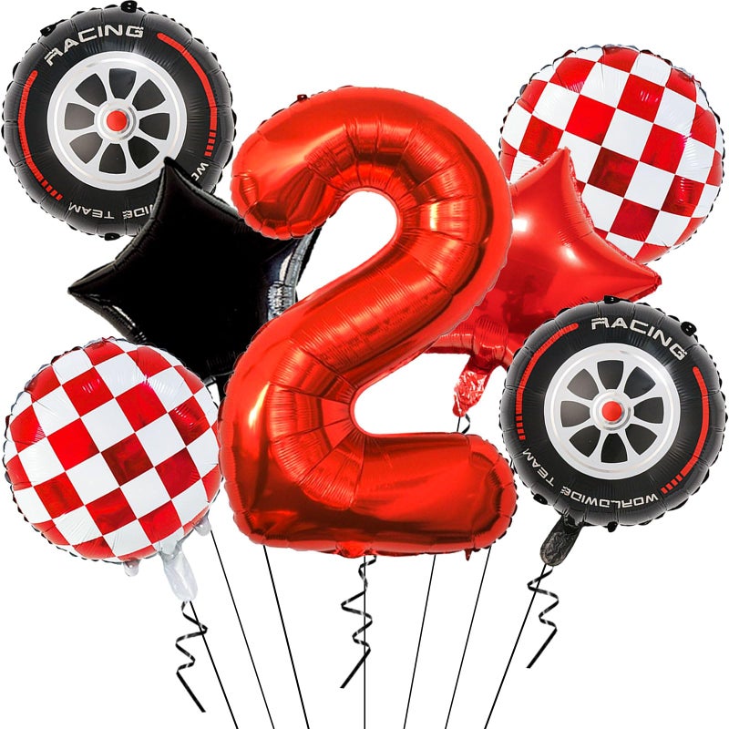 Corabsar Race Car Balloons Birthday Party Decorations 40 Inch Mylar Red Number 2 Balloons Red Foil Checkered Race Car Balloons for Second Birthday Race Car Theme Party Decor Supplies - Image 2