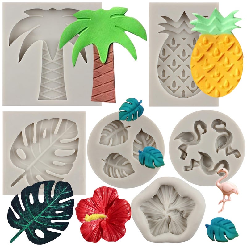 Sijiangmold Flamingo Tropical Leaf Silicone Mold Plumeria Hibiscus Flower Fondant Molds Pineapple Chocolate Molds For Cake Decoration Cupcake Topper Candy Polymer Clay Chocolate Gum Paste Set of 6
