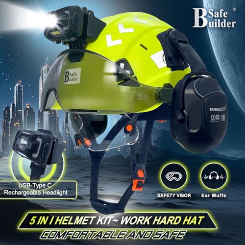 SAFEBUILDER Hard Hats with Visor and Headlight Ear Muffs Lightweight Vented Safety Helmet Headlamp for Construction Industrial Outdoor Work ANSI Z891 Approved Fluorescent YellowCSVB07SHL01 - Image 3