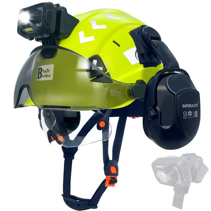 SAFEBUILDER Hard Hats with Visor and Headlight Ear Muffs Lightweight Vented Safety Helmet Headlamp for Construction Industrial Outdoor Work ANSI Z891 Approved Fluorescent YellowCSVB07SHL01 - Image 2