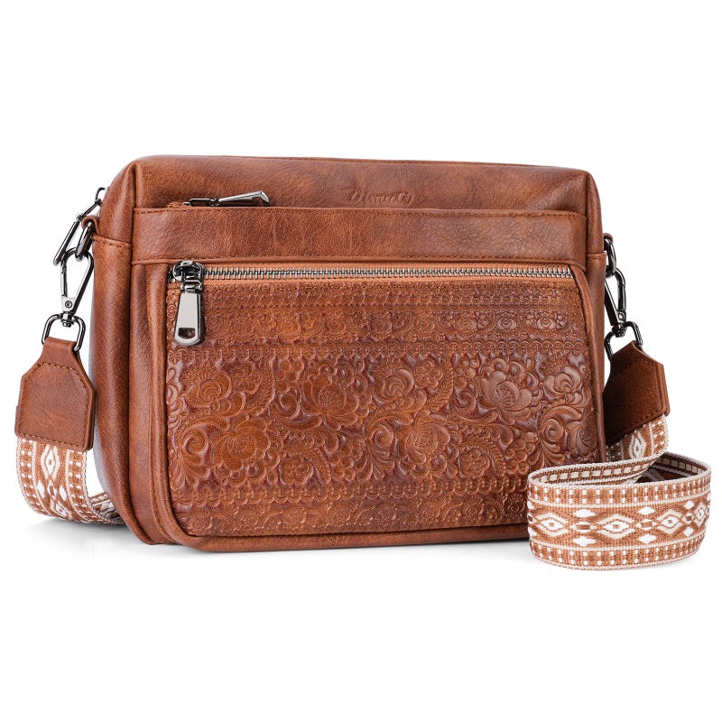 VIMUTI Crossbody Bags for Women Trendy,Leather Crossbody Purses Embossed Design,Multi Pocket Lightweight Shoulder Handbag (01-Brown) - Image 1