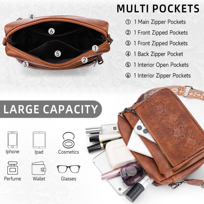 VIMUTI Crossbody Bags for Women Trendy,Leather Crossbody Purses Embossed Design,Multi Pocket Lightweight Shoulder Handbag (01-Brown) - Image 3