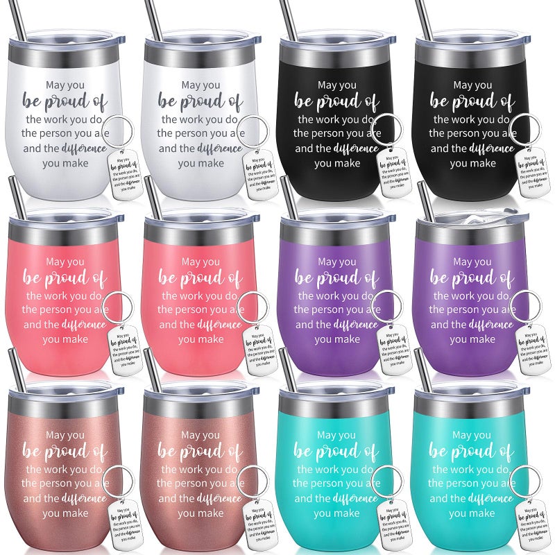 Inbagi 12 Pcs Thank You Gifts Inspirational Wine Tumbler with Straw Employee Appreciation Cups and Keychain Set may You Be Proud Stainless Steel Tumbler Cups for Teacher ColleaguesFresh Colors