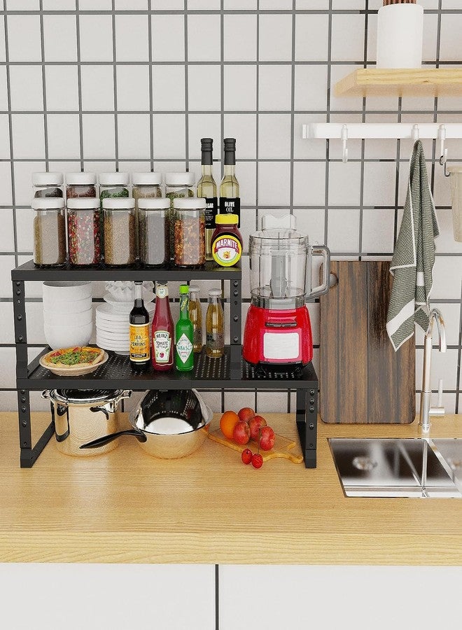 Jojocross Expandable Cabinet Shelf Organizer Storage Spice Rack Shelves for Kitchen Stackable Adjustable Pantry Cupboard Bathroom Countertop Desktop(1Pack/Black/Large-with Hole) - Image 4