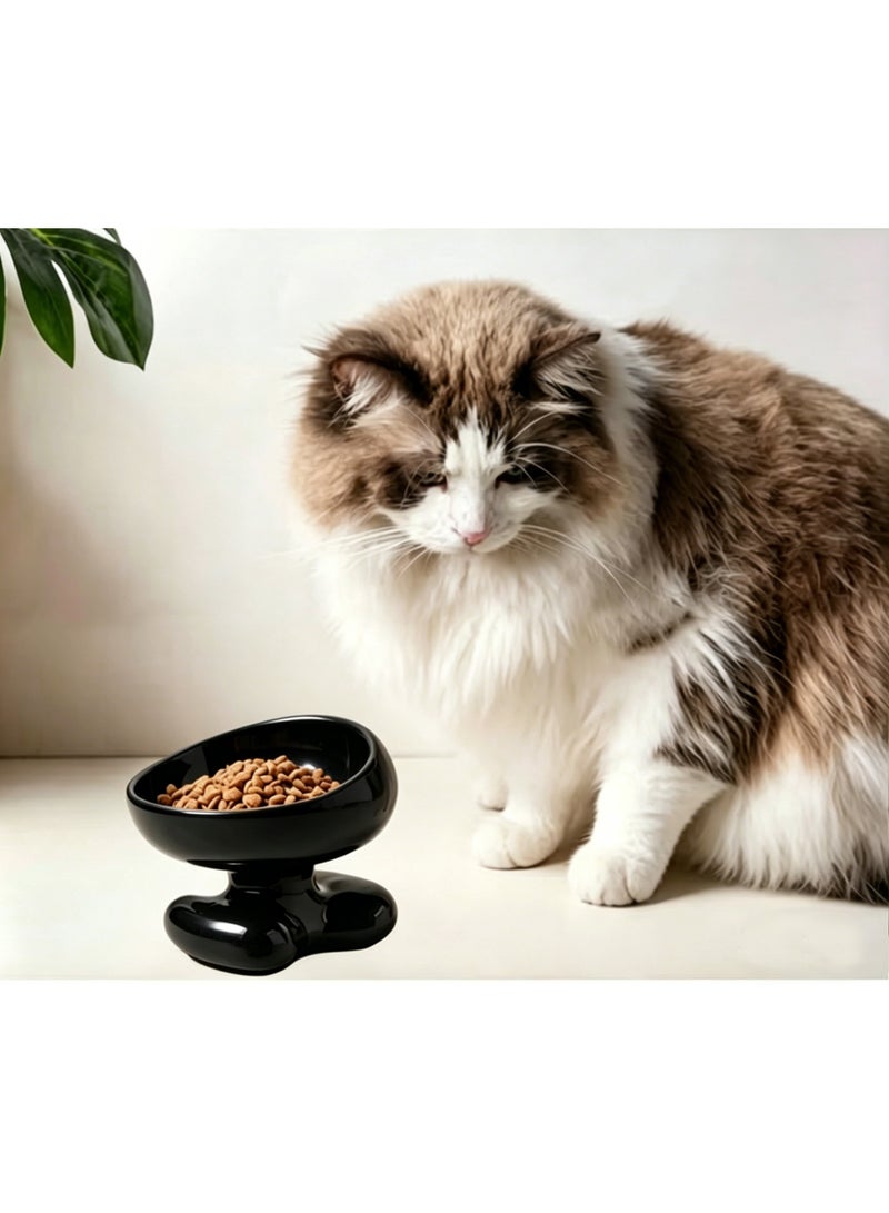Nailuck Ceramic Elevated Cat Bowl, 15° Tilted Neck-Friendly Pet Food Water Bowl, Anti-Spill Curved Design for Cats & Small Dogs, black - Image 2