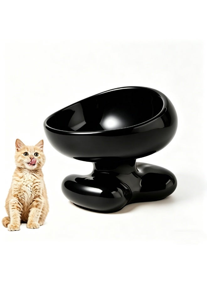 Nailuck Ceramic Elevated Cat Bowl, 15° Tilted Neck-Friendly Pet Food Water Bowl, Anti-Spill Curved Design for Cats & Small Dogs, black - Image 1