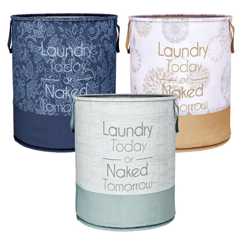 Kuber Industries Laundry Basket NonWoven Round Laundry Basket Clothes Storage Hamper Foldable Laundry Bag with Handle Toy Storage Basket 45 LTR Pack of 3 Multicolor - Image 1