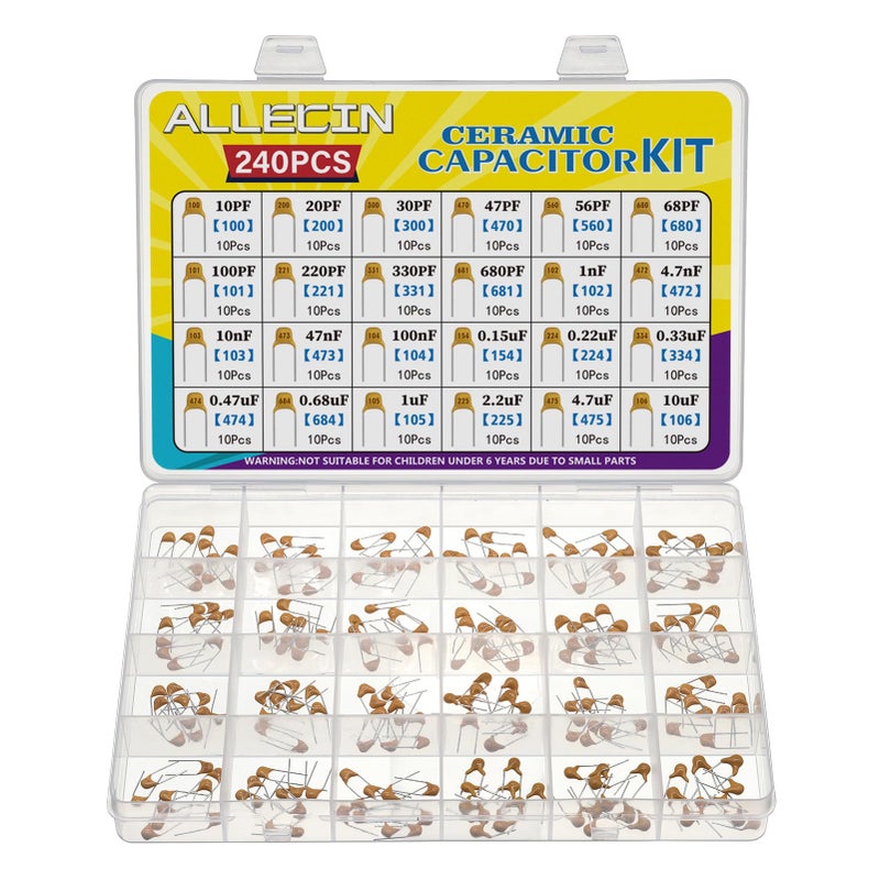 ALLECIN 24 Values Monolithic Ceramic Capacitor Assortment Kit 10pF 20pF 30pF 47pF 56pF 68pF 100pF 220pF 330pF 680pF 1nF 4.7nF 10nF 47nF 100nF 0.15uF 0.22uF 0.33uF 0.47uF 0.68uF 1uF 2.2uF 4.7uF 10uF - Image 1