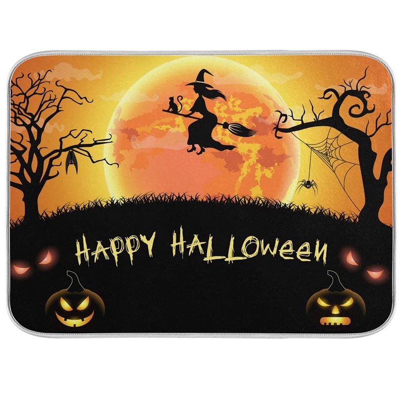 Halloween Witch Spdier Bat Dish Drying Mat 18x24 Absorbent Dishes Pumpkin Scary Night Pad Dish Drainer Mat Protector for Kitchen Fast Dry