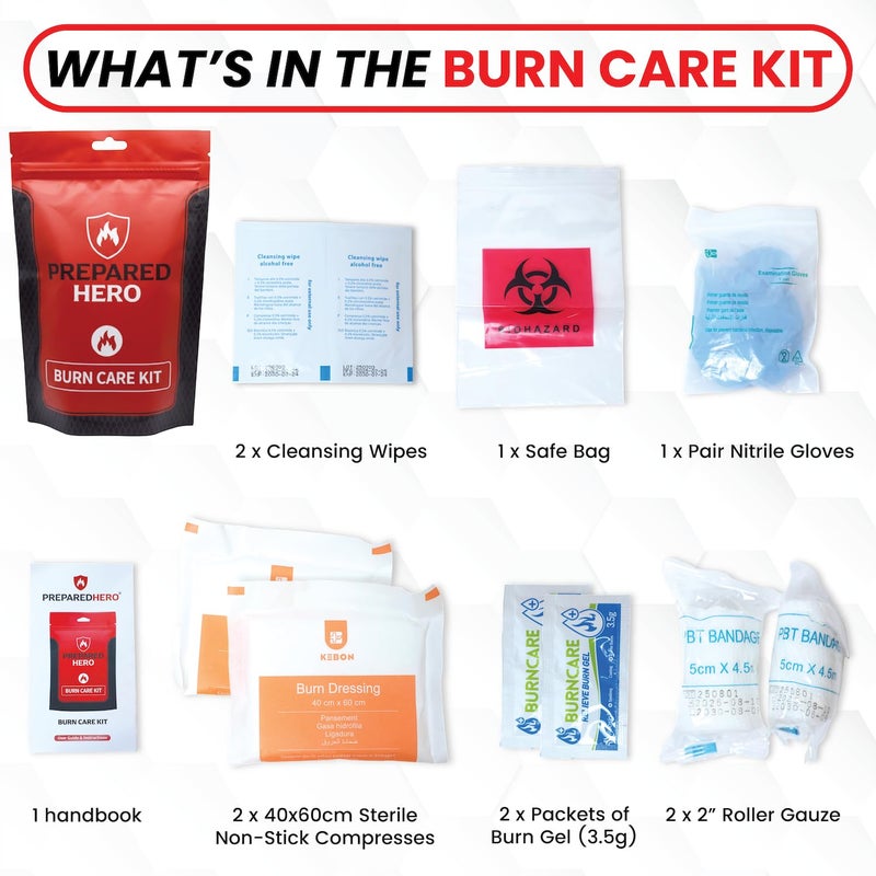 Prepared Hero Burn Care Kit - Compact Burn Treatment & Relief Kit with Burn Gel, Gauze, Compresses & Wipes, Waterproof Pouch for Minor Burn First Aid at Home, Travel, Outdoor & Workplace Safety - Image 2