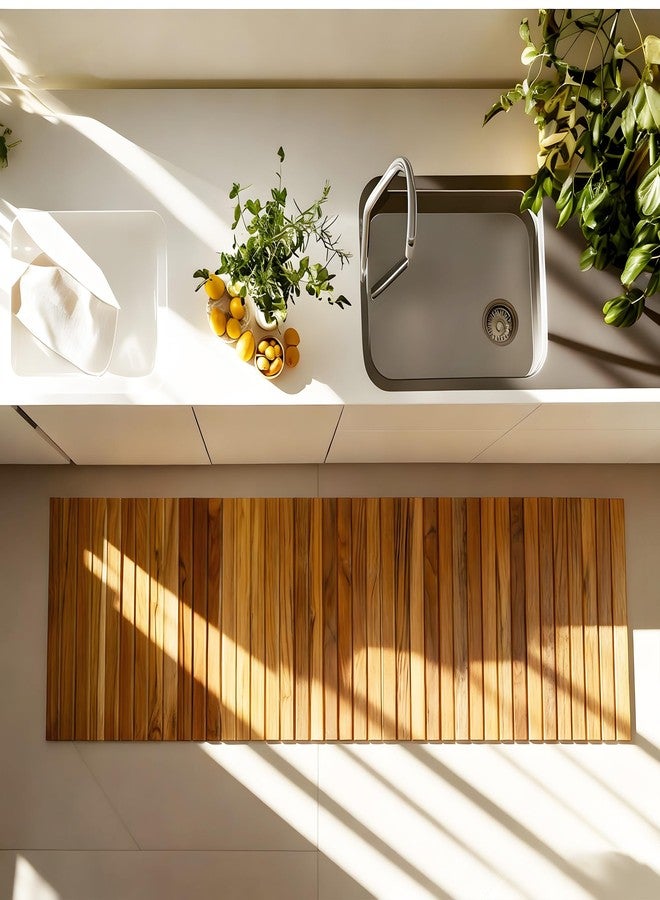 Utoplike Teak Wood Mat for Bathroom Dry Areas, Floor Mat with Non-Slip Rubber Back, Rollable, Fit for Kitchen, Vanity Area, Powder Room, Bath Room Entrance, Entryway Décor - Image 2