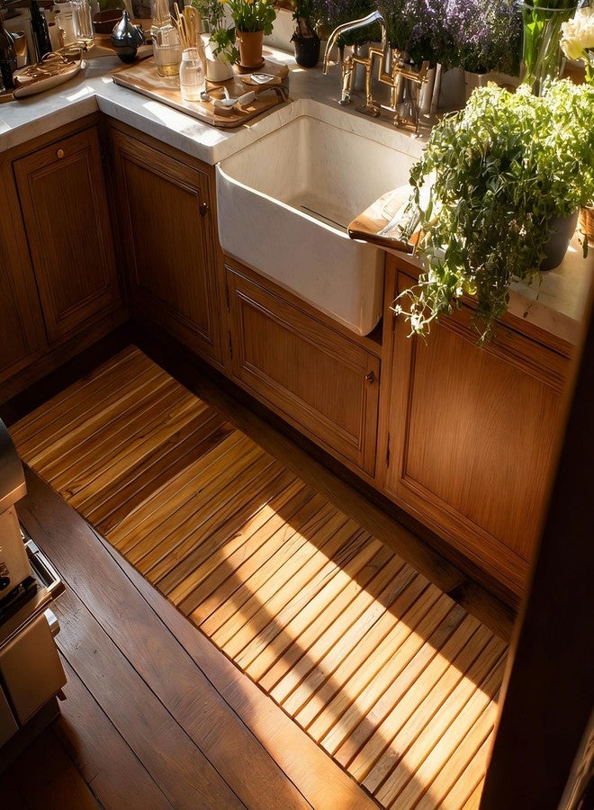 Utoplike Teak Wood Mat for Bathroom Dry Areas, Floor Mat with Non-Slip Rubber Back, Rollable, Fit for Kitchen, Vanity Area, Powder Room, Bath Room Entrance, Entryway Décor - Image 3