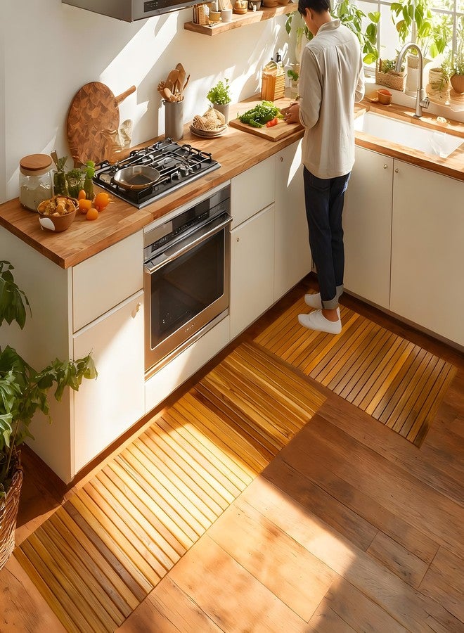 Utoplike Teak Wood Mat for Bathroom Dry Areas, Floor Mat with Non-Slip Rubber Back, Rollable, Fit for Kitchen, Vanity Area, Powder Room, Bath Room Entrance, Entryway Décor - Image 5