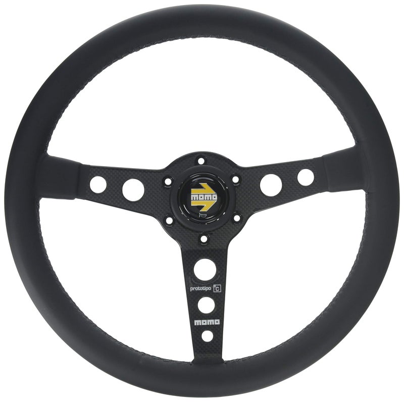 MOMO Motorsport Prototipo 6C Steering Wheel Black Leather Grip Carbon Fiber Spoke Gray Stitch 350mm