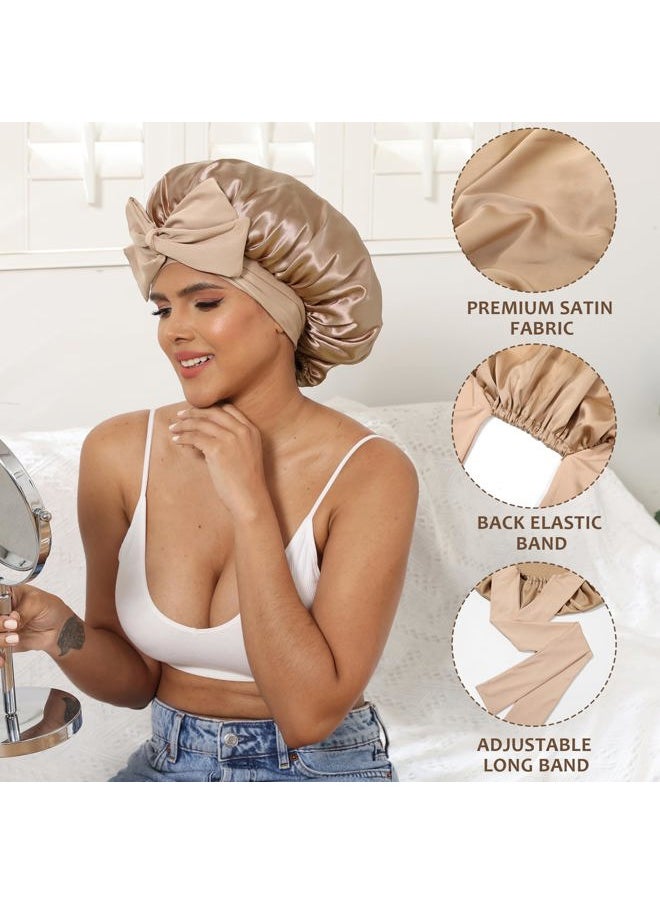 HAIMEIKANG Satin Bonnet for Women Silk Hair Bonnets for Sleeping Large Bonnets with Tie Band Night Cap Sleep Cap for Women Curly Night Cap(Brown)  - Image 3