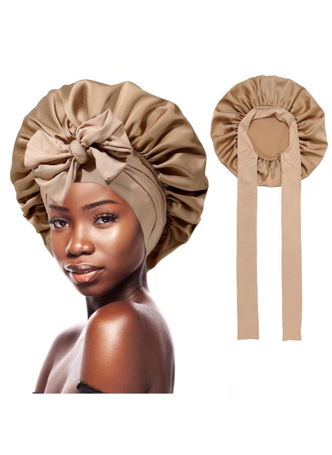 HAIMEIKANG Satin Bonnet for Women Silk Hair Bonnets for Sleeping Large Bonnets with Tie Band Night Cap Sleep Cap for Women Curly Night Cap(Brown)  - Image 1