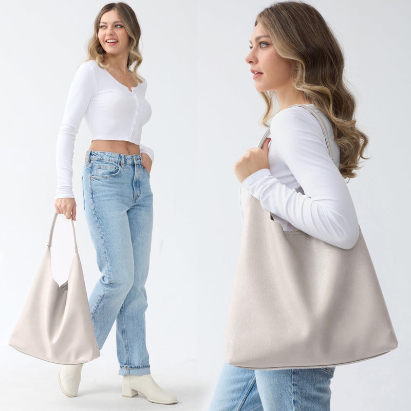 HOXIS Hobo Bags for Women Soft Vegan Leather Shoulder Handbag Slouchy Tote Purses (Beige) - Image 2