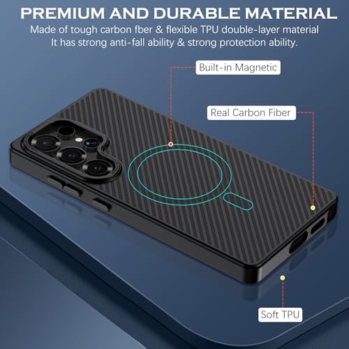 BENTOBEN Carbon Fiber Back Cover Case for Samsung Galaxy S25 Ultra, Compatible with Mag-Safe, Slim Flexible Shockproof Anti-Scratch Anti-Slip Bumper Protection, TPU+Polycarbonate, Black - Image 3