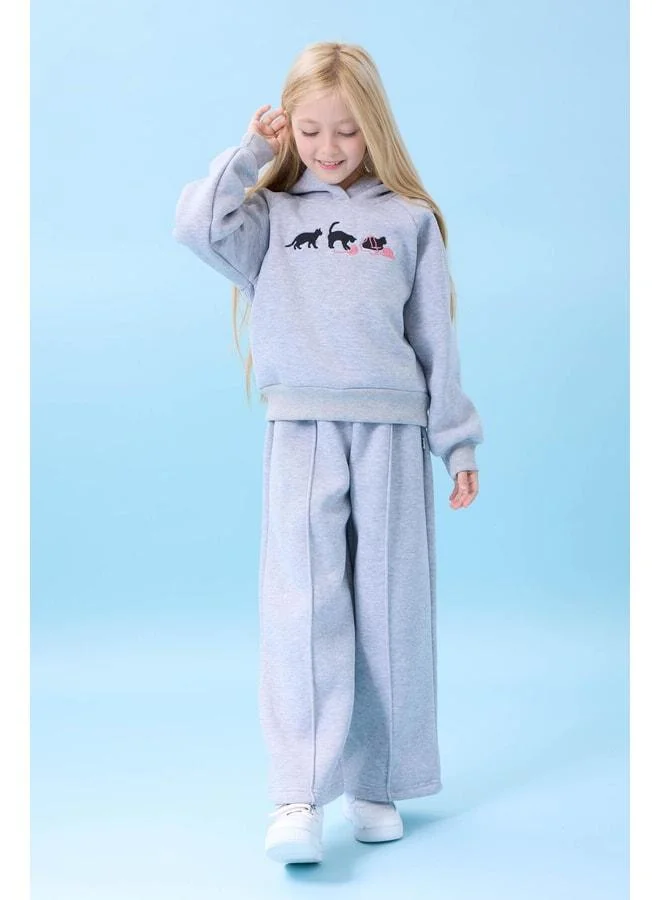 Perendi Girl's Hooded Fleece-Lined Cat Embroidered Sherpa Winter Set Gray.