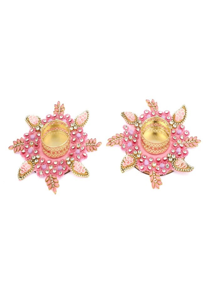 Aditri Creation Set of 2 Mat Aasan Rangoli with T-Light Candle Holder Stand for Indian Festival Christmas Decorations Made up of Golden Embrodaries for New Year Return Gifting Ideas (Size:- 5")(Pink) - Image 1