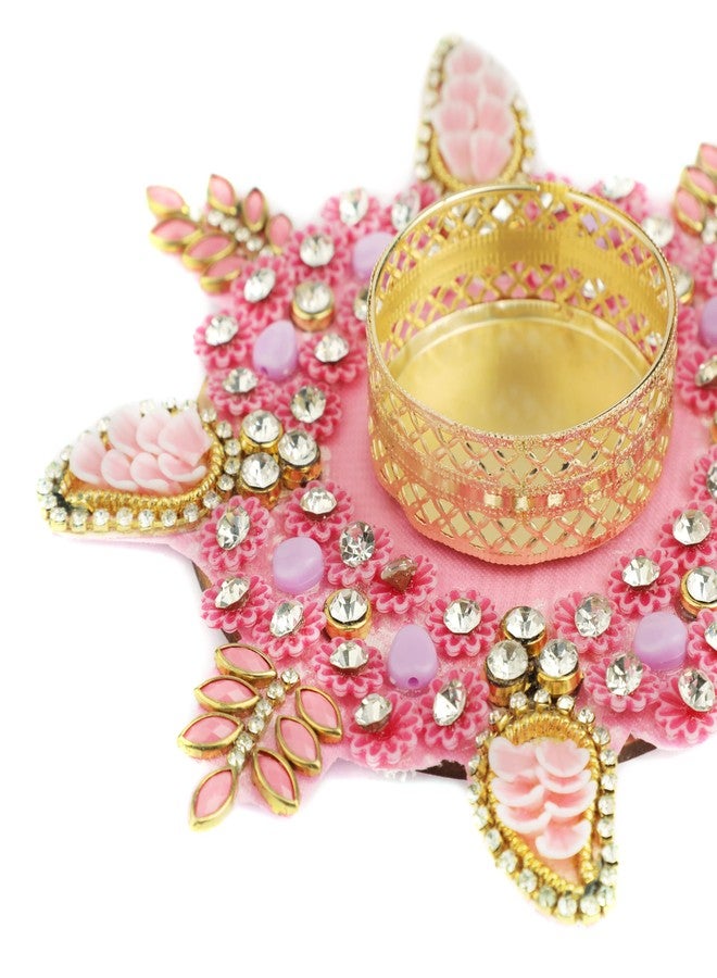 Aditri Creation Set of 2 Mat Aasan Rangoli with T-Light Candle Holder Stand for Indian Festival Christmas Decorations Made up of Golden Embrodaries for New Year Return Gifting Ideas (Size:- 5")(Pink) - Image 2