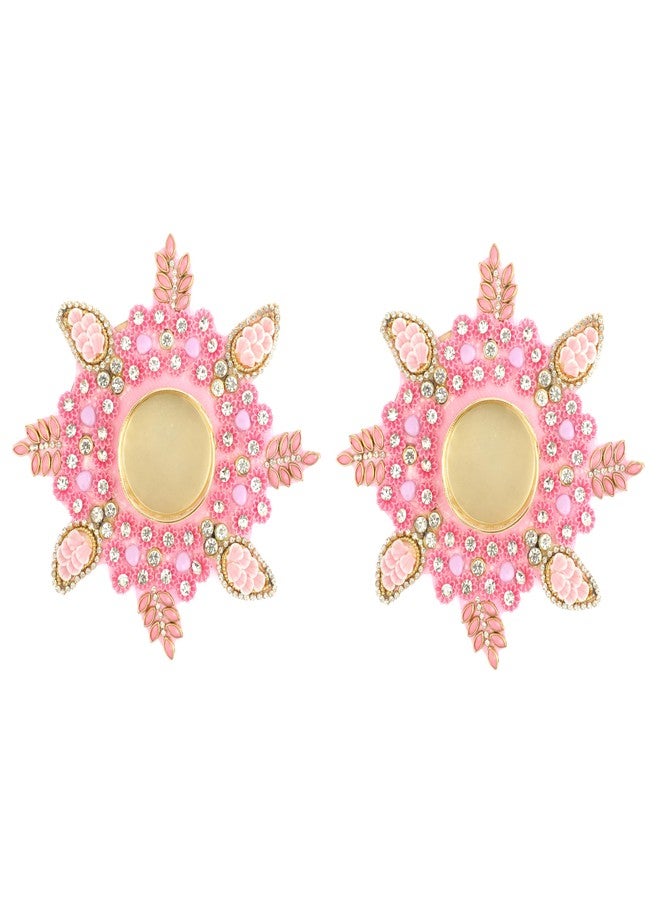 Aditri Creation Set of 2 Mat Aasan Rangoli with T-Light Candle Holder Stand for Indian Festival Christmas Decorations Made up of Golden Embrodaries for New Year Return Gifting Ideas (Size:- 5")(Pink) - Image 4