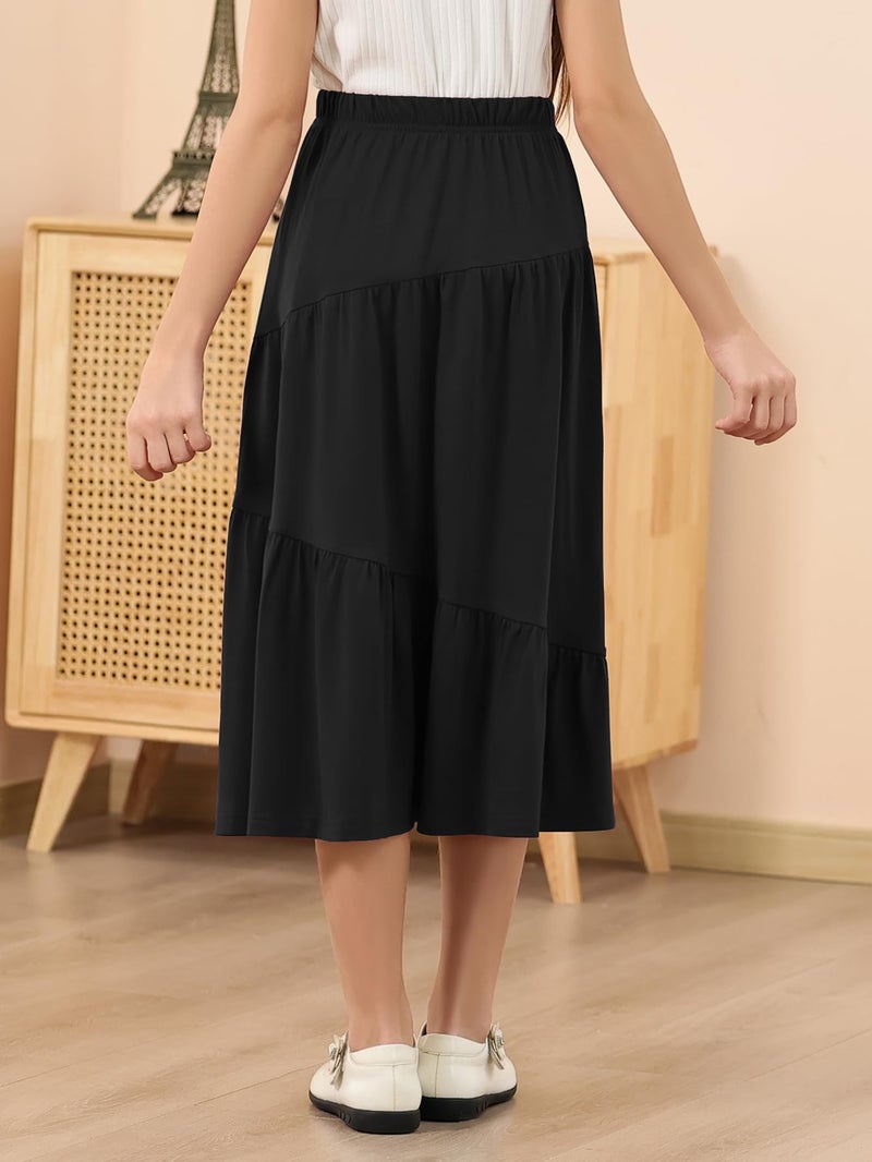 GORLYA Girls Holiday Casual Asymmetrical Tiered Ruffle Hem Long Swing Boho Fancy Maxi Skirt 6-14Y(GOR1231,10Y,Black) - Image 2