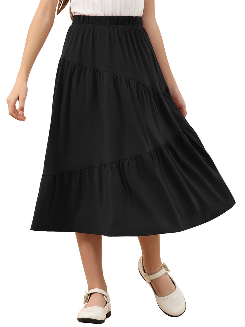 GORLYA Girls Holiday Casual Asymmetrical Tiered Ruffle Hem Long Swing Boho Fancy Maxi Skirt 6-14Y(GOR1231,10Y,Black) - Image 1