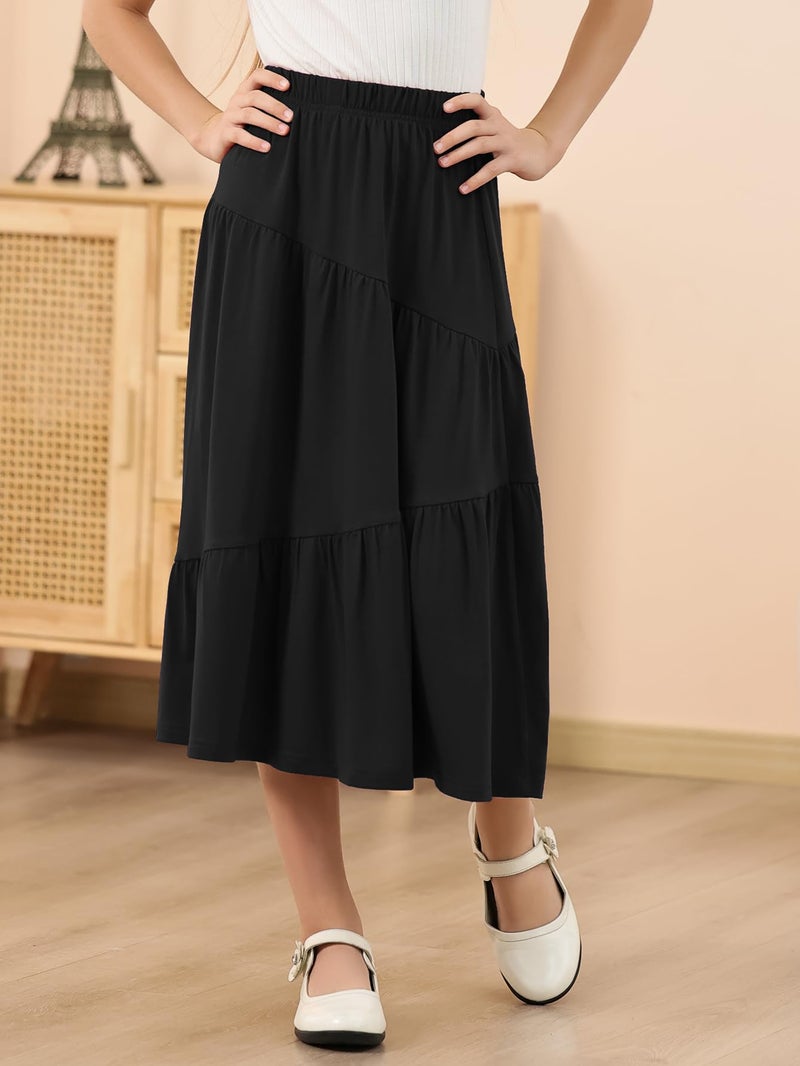GORLYA Girls Holiday Casual Asymmetrical Tiered Ruffle Hem Long Swing Boho Fancy Maxi Skirt 6-14Y(GOR1231,10Y,Black) - Image 4