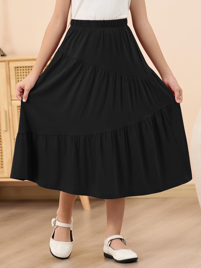 GORLYA Girls Holiday Casual Asymmetrical Tiered Ruffle Hem Long Swing Boho Fancy Maxi Skirt 6-14Y(GOR1231,10Y,Black) - Image 3