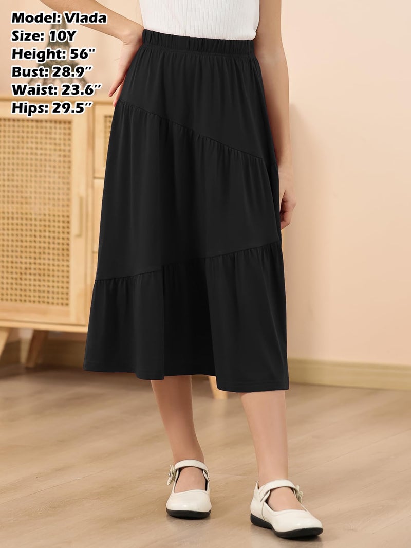 GORLYA Girls Holiday Casual Asymmetrical Tiered Ruffle Hem Long Swing Boho Fancy Maxi Skirt 6-14Y(GOR1231,10Y,Black) - Image 5