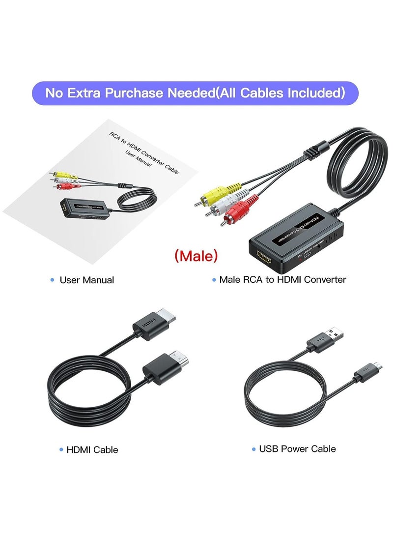 SYOSI - Male RCA to HDMI Converter with HDMI Cable for DVD/STB/VHS with Female RCA Output(RCA Cable Integrated), CVBS AV Composite to HDMI Converter Supports Full HD 720P/1080P Output Switch - Image 1
