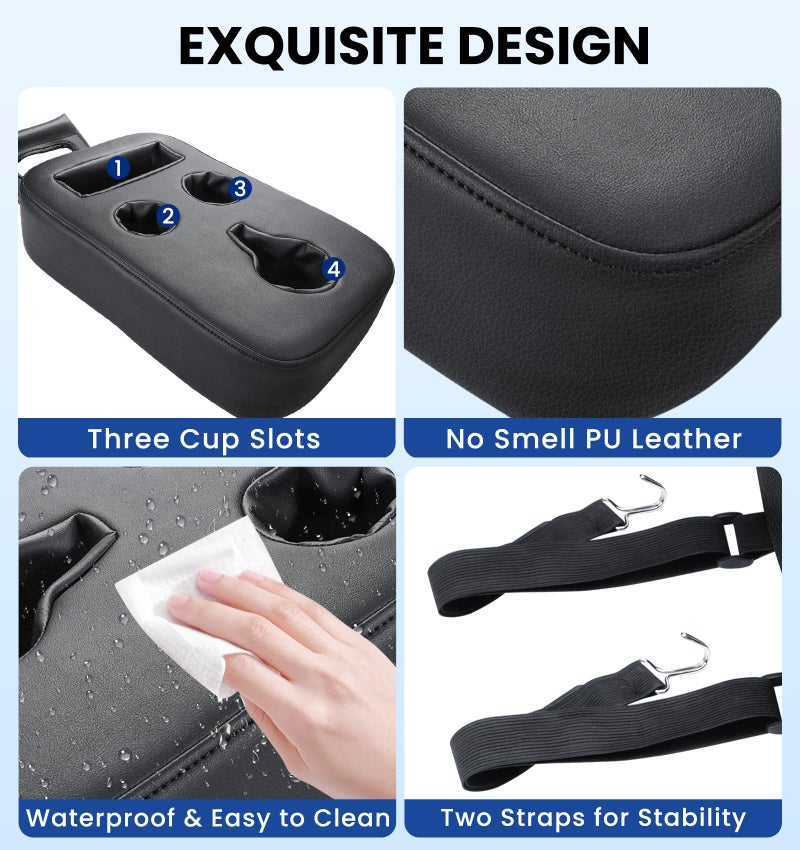 Sinvanho Upgraded Car Cup Holder with Dual Secure Straps, Back Seat Cup Holder for Car, PU Leather Truck Cup Holder, Boat Tray Organizer for Trucks, Minivans, SUVs, RVs, Holds Coffee, Snacks, Cell Phone - Image 4
